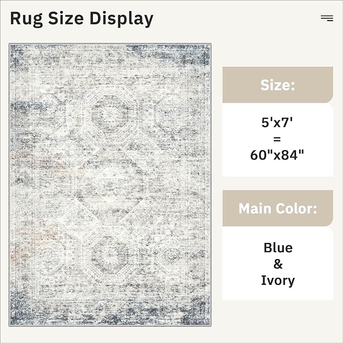 Soalmost 5x7 Area Rugs Blue Ivory Low Pile Indoor Washable Trendy Faded Style