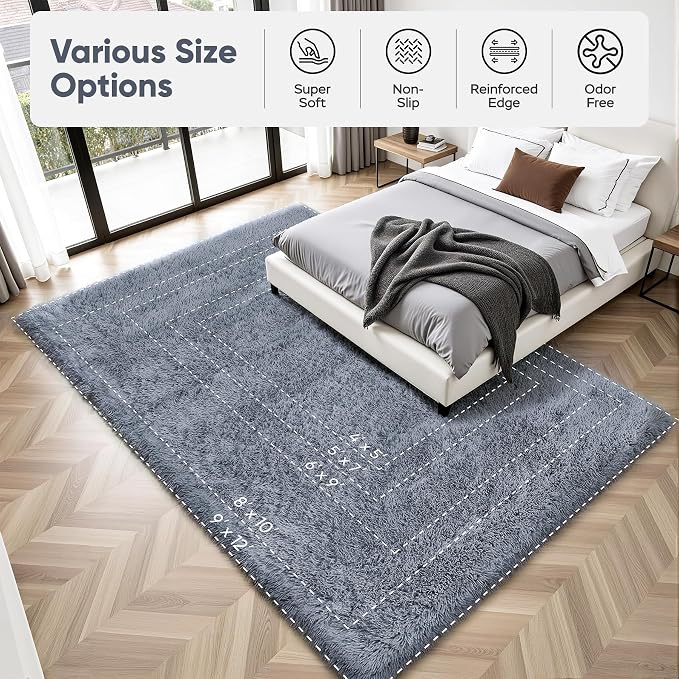 Area Rug for Living Room Bedroom: 6x9 Grey Soft Fluffy Shag Upgrade Non-Slip