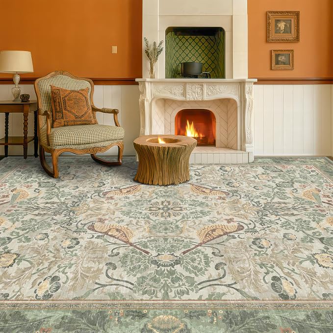 Hazo Haus 5x8 Vintage Sage Green Area Rug, Washable Botanical Bird Pattern Rug
