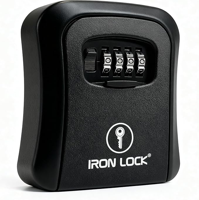 Iron Lock® Key Lock Box Wall Mount – Medium Waterproof Heavy-Duty Metal Safe with 4-Digit Combination for Outdoor Access, Home Entry, Office Security, Rentals & Airbnb Use (Black, Medium)