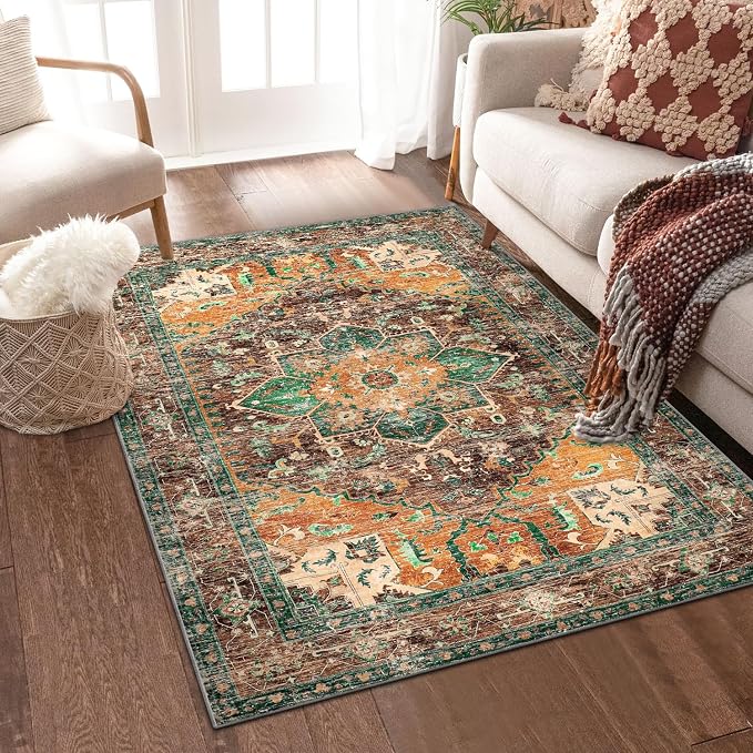 Yamaziot Washable Area Rug, 4x6 Non-Slip Boho Vintage Living Room Bedroom Rug