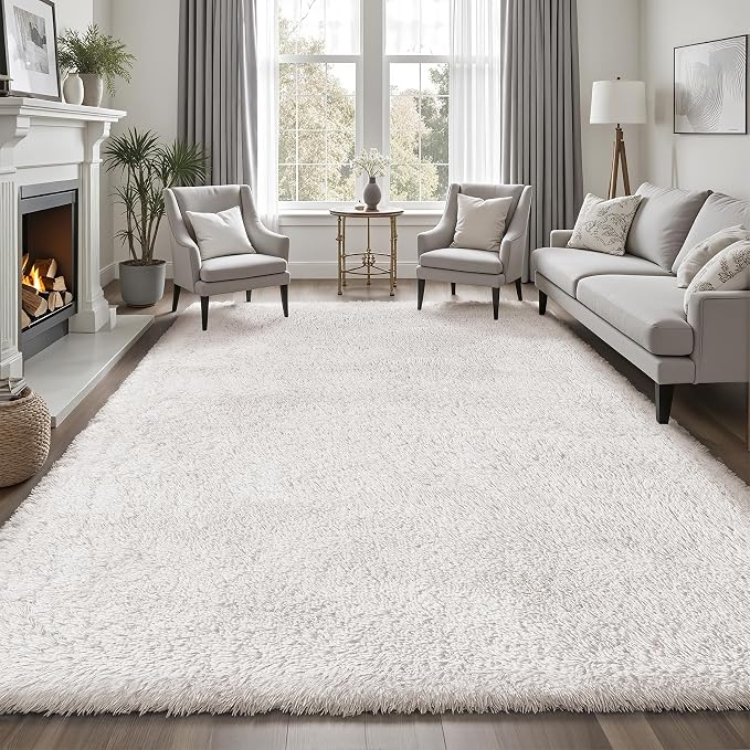 8x10 Area Rugs for Living Room Bedroom: White Soft Fluffy Shag Upgrade Non-Slip