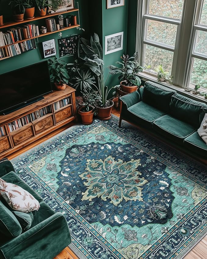 RELEANY Area Rugs 8'x10' Washable Non-Slip, Floral Vintage Distress Medallion