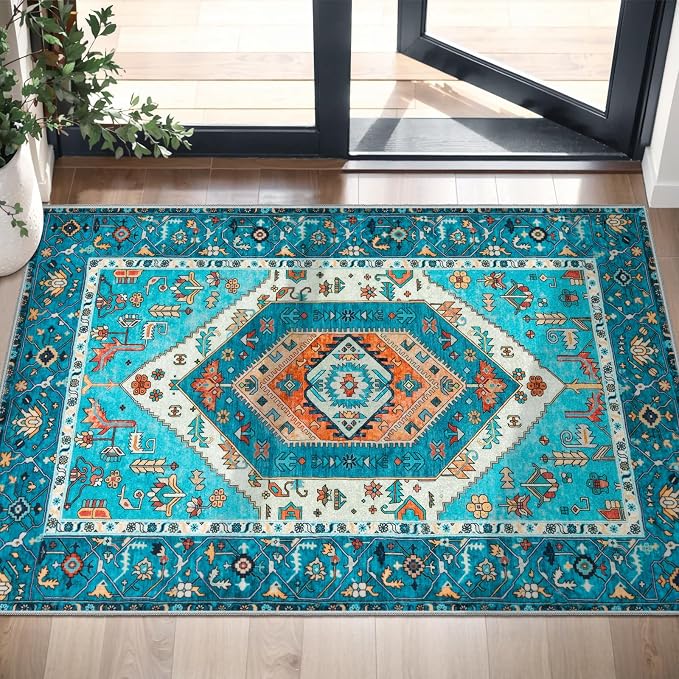 SERISSA Boho Rugs for Entryway, 2x3 Blue Entryway Rug Non-Slip Washable Small