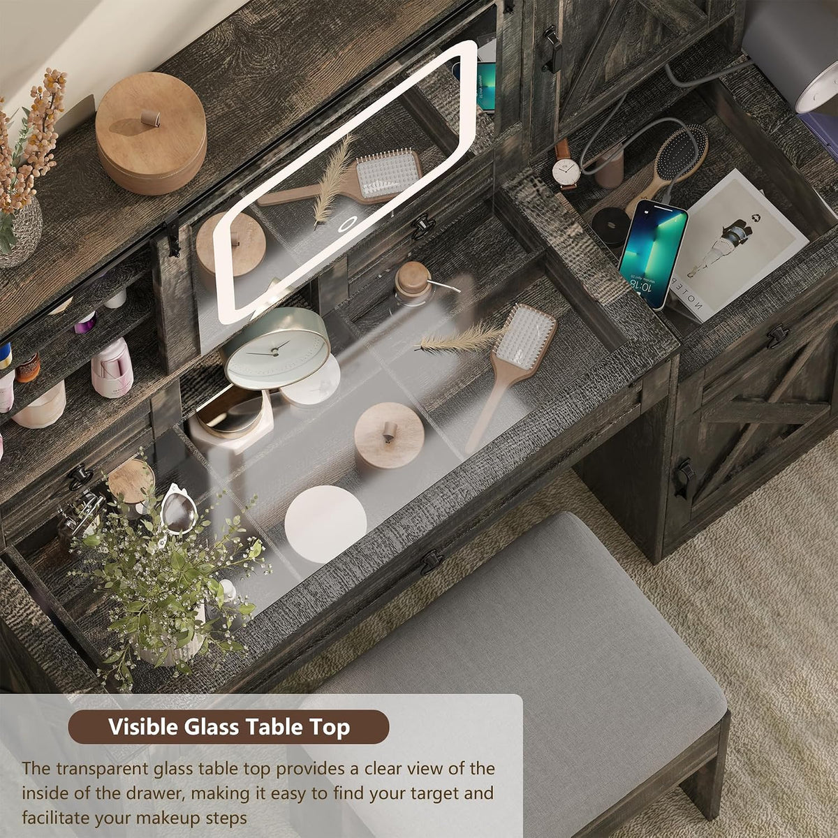 Farmhouse Makeup Vanity Desk with Sliding Mirror and Lights, 42 Wood Vanity Table Set with Glass Top, Power Outlets, Jewelry Storage Cabinet, 4 Drawers, Stool for Country Room Decor, Rustic Black