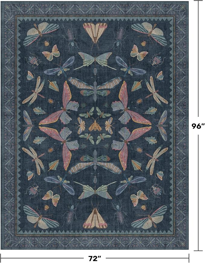 Navy Blue 6x8 Boho Rug for Living Room, Stain Resistant Non Slip Area Rug for