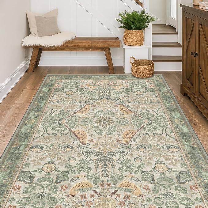 Hazo Haus 5x8 Vintage Sage Green Area Rug, Washable Botanical Bird Pattern Rug