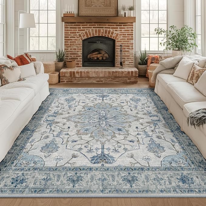 RELEANY Area Rugs Square 8ft Washable Non-Slip, Floral Vintage Distress