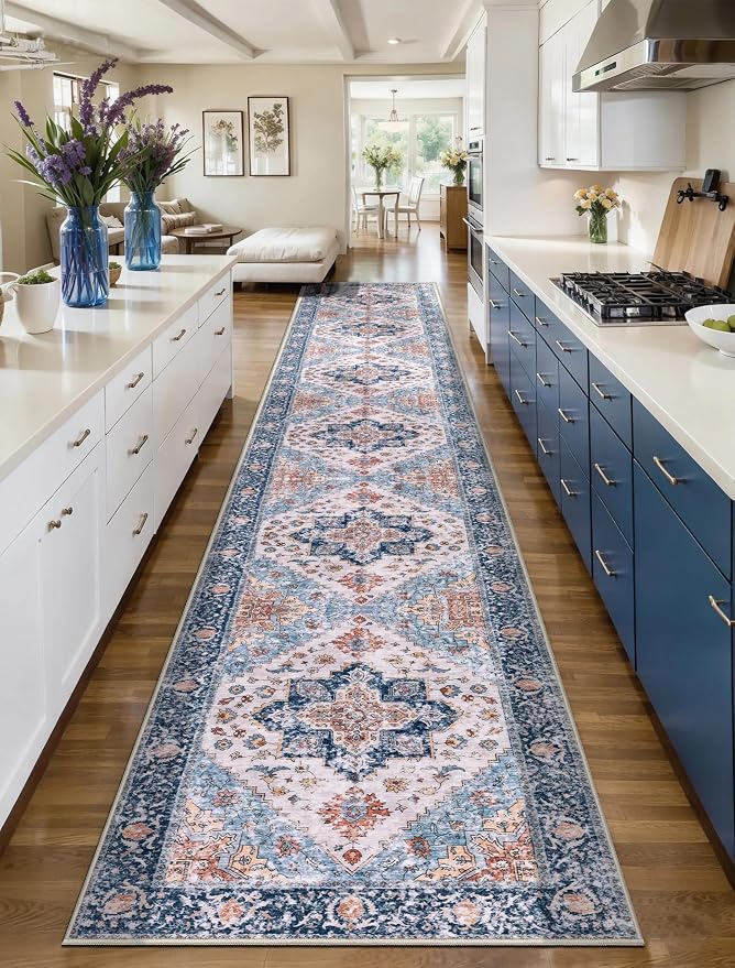 SERISSA Runner Rug for Hallways, Extra Long Boho Rug Ultra Soft Vintage Blue