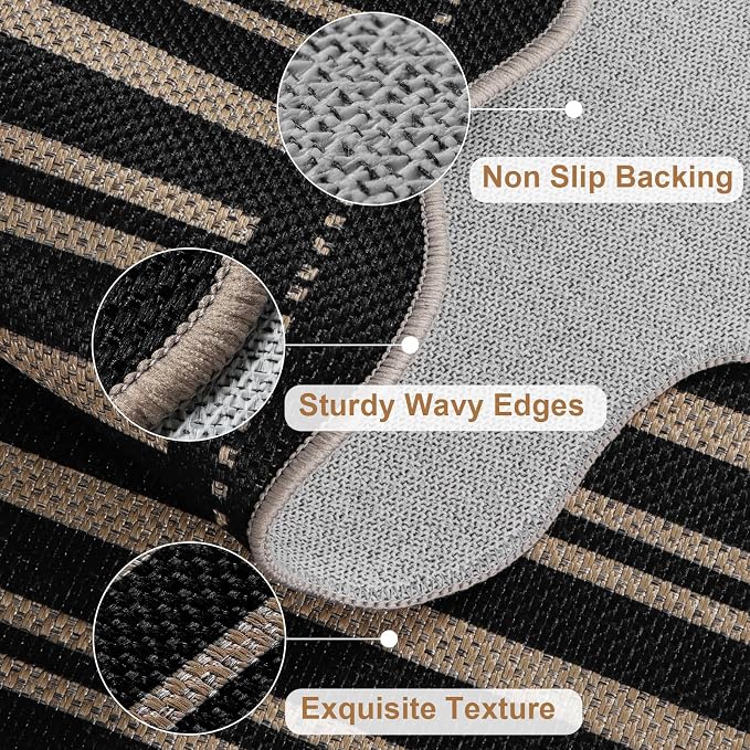 Striped Easy Jute 4x6 Outdoor Patio Rug, Washable Indoor Outdoor Black Kitchen