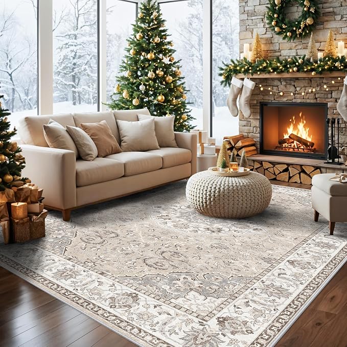 Living Room 8ft Square Area Rug: Machine Washable Large Vintage Soft Rug Stain