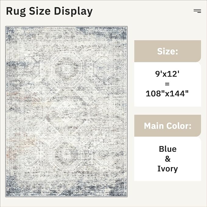 Soalmost 9x12 Area Rugs for Living Room, Non Slip Machine Washable Vintage Rugs