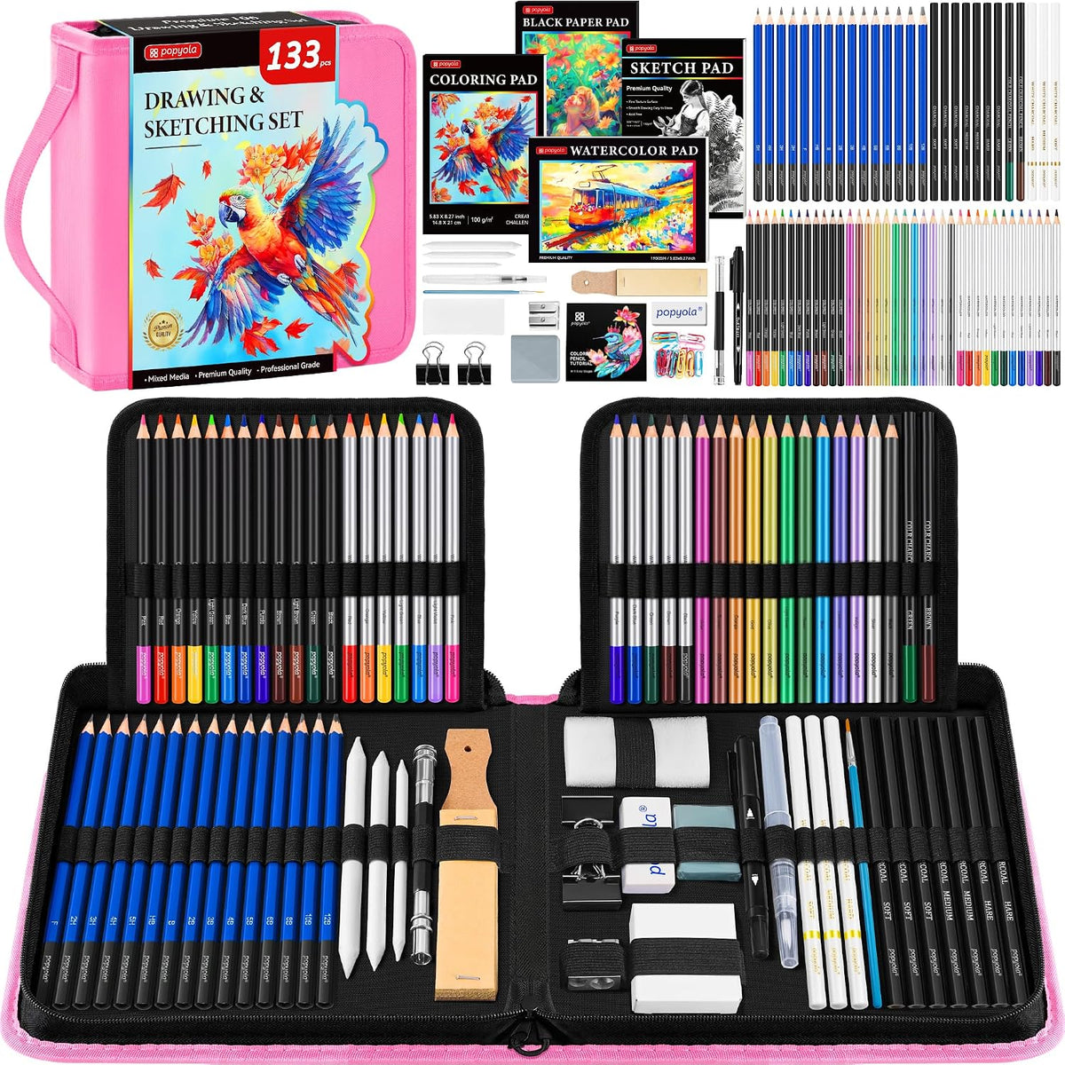 133 Pack Drawing Set Sketching Kit, Pro Art Supplies Sketch Pencils Set