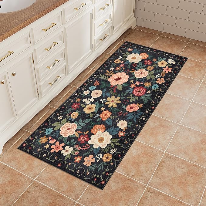 DUKINO 2x4 Rug for Entryway, Washable Kitchen Floral Runner Rug