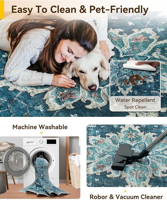RELEANY Area Rugs 8'x10' Washable Non-Slip, Floral Vintage Distress Medallion
