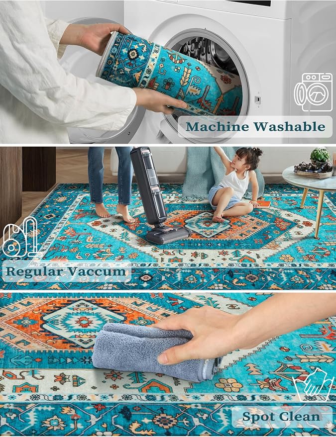 SERISSA Runner Rug for Hallways, Extra Long Boho Rug Ultra Soft Vintage Blue