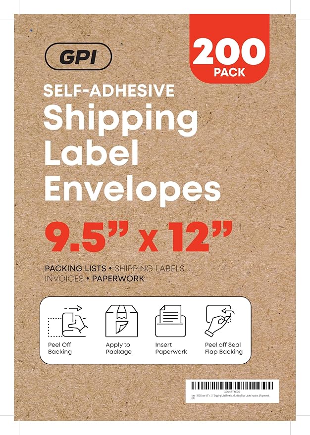 1000 Count 9.5" x 12" Shipping Label Envelopes, Clear Packing List Pouches with Self-Adhesive Back, Top Loading for Shipping Labels Sleeves, for Packing Slips, Labels Invoices & Paperwork. GPI