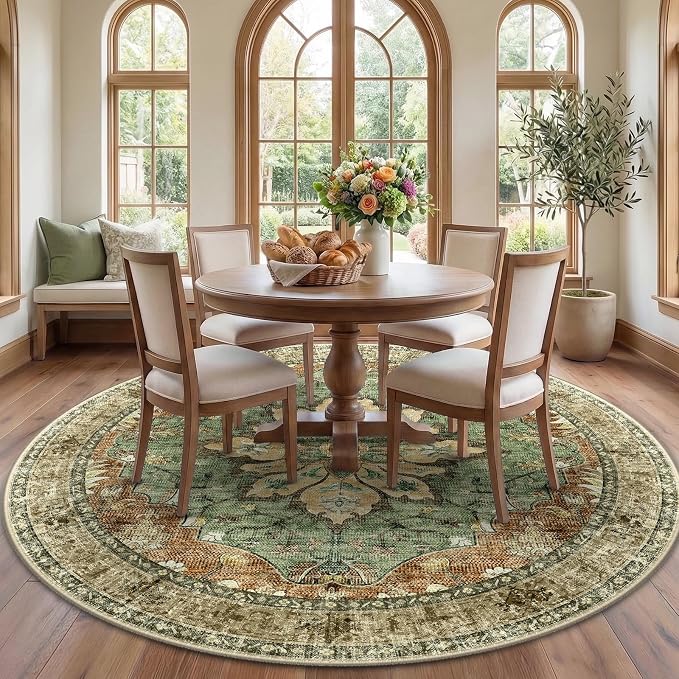 RELEANY Area Rugs Round 7ft Washable Non-Slip, Floral Vintage Distress