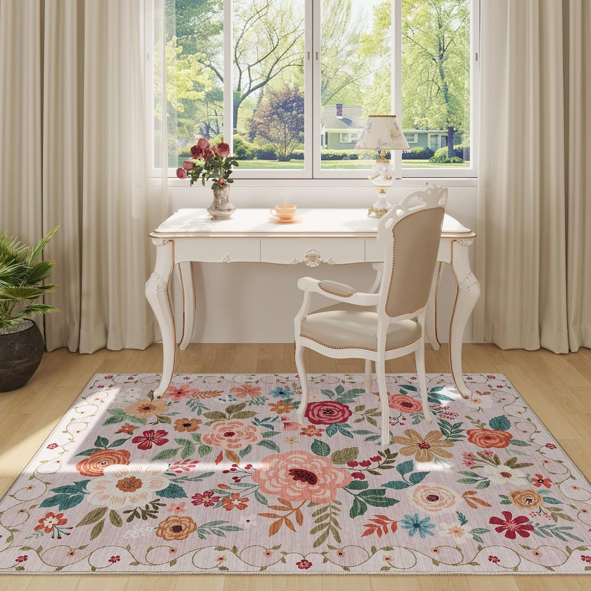 DUKINO 4x6 Area Rug, Floral Washable Rug Non Slip Office Chair Mat, Beige