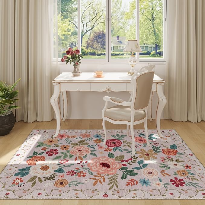 DUKINO 4x6 Feet Office Chair Mat, Lightweight Non Slip Washable Floral Area Rug