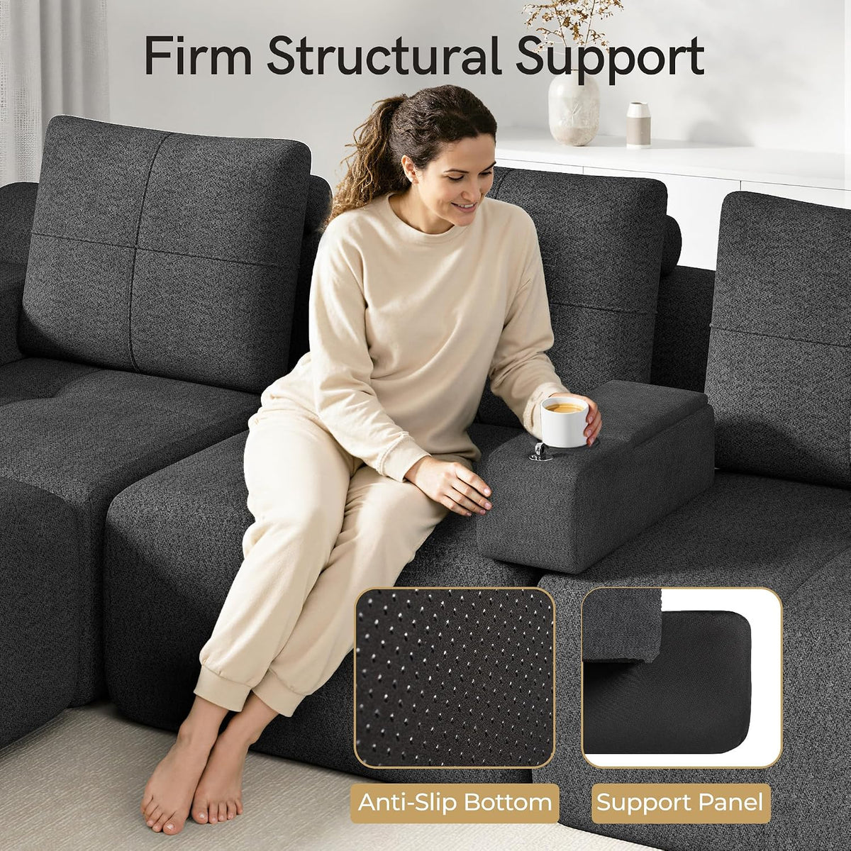 Couch Caddy with Cup Holder, Dark Gray Chenille Armrest Console