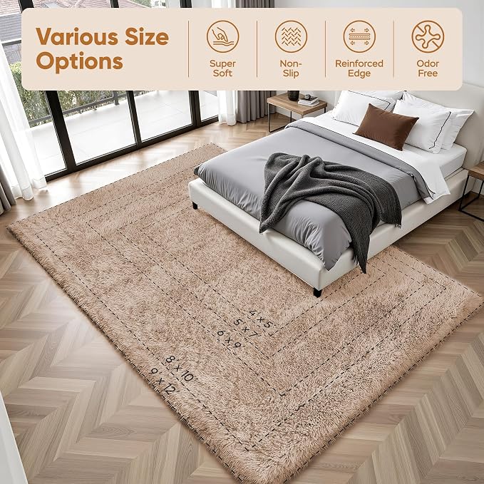 Area Rug for Living Room Bedroom: 6x9 Camel Soft Fluffy Shag Upgrade Non-Slip