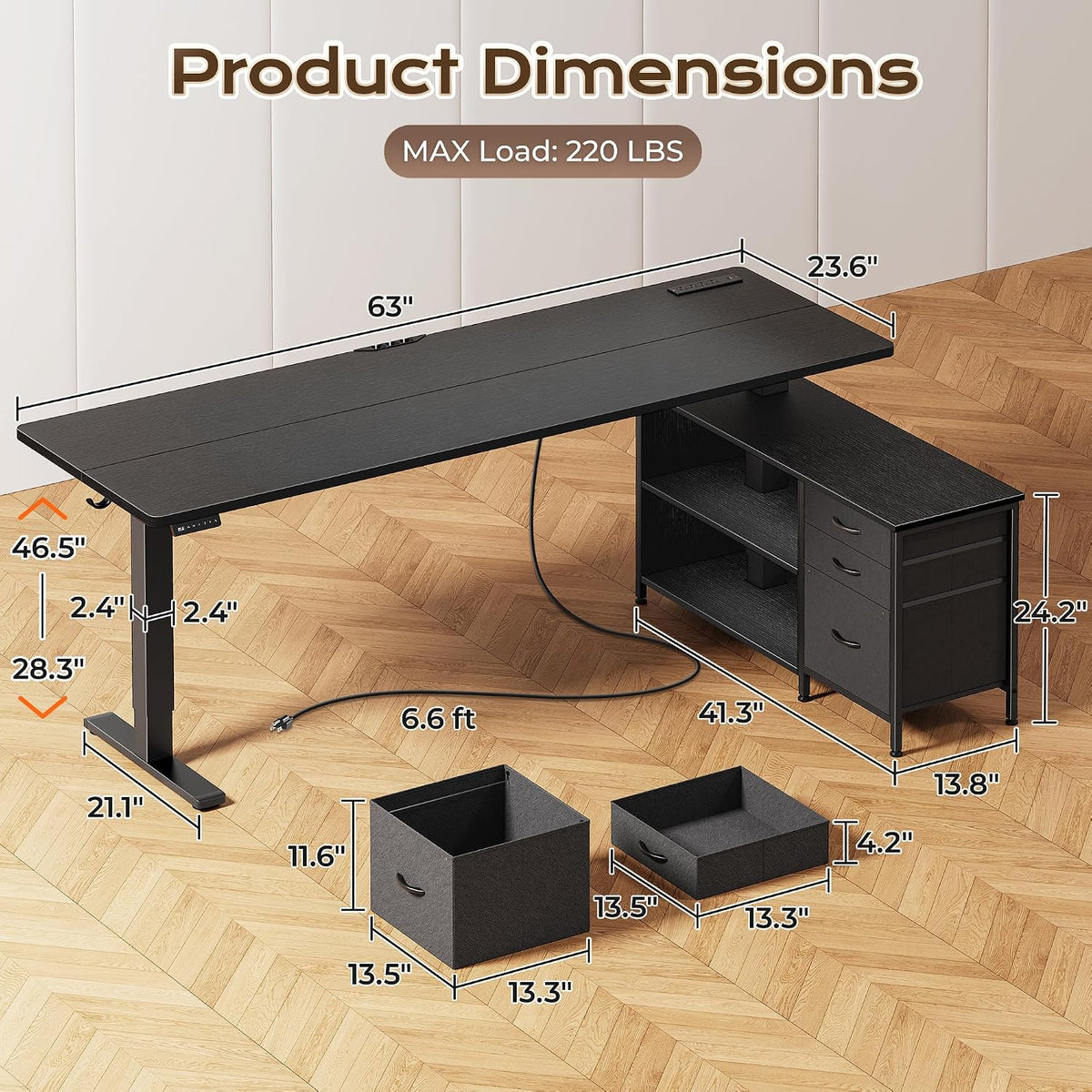 PRAISUN 63'' L Standing Desk with Outlets, Cabinet with Shelves, Drawers