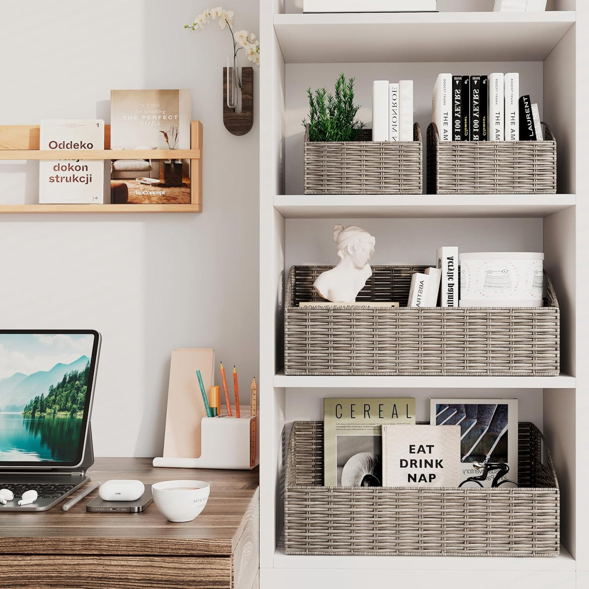 Pantry Baskets Organization, Wicker Storage Bin Shelf Grey