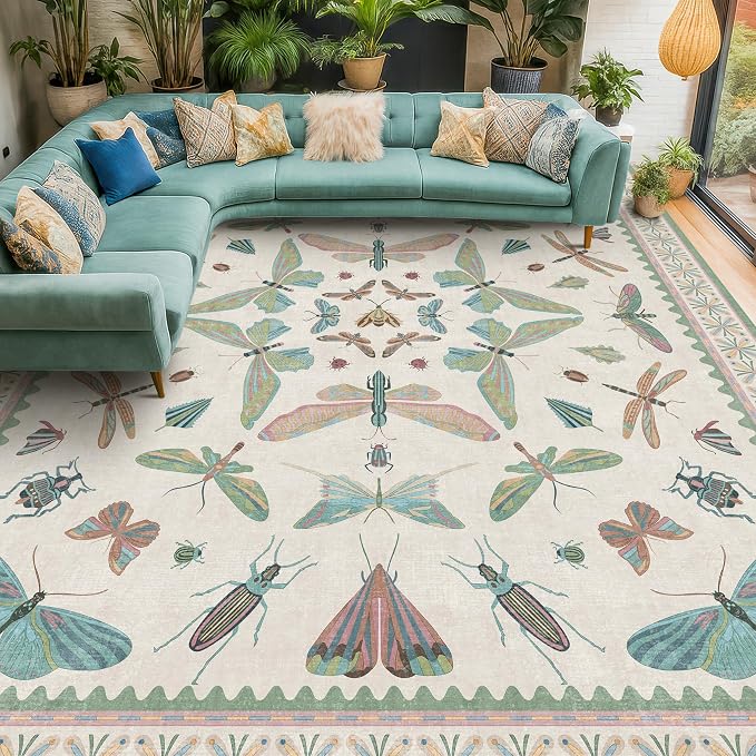 7x9 Green Butterfly Rugs for Kids Bedroom