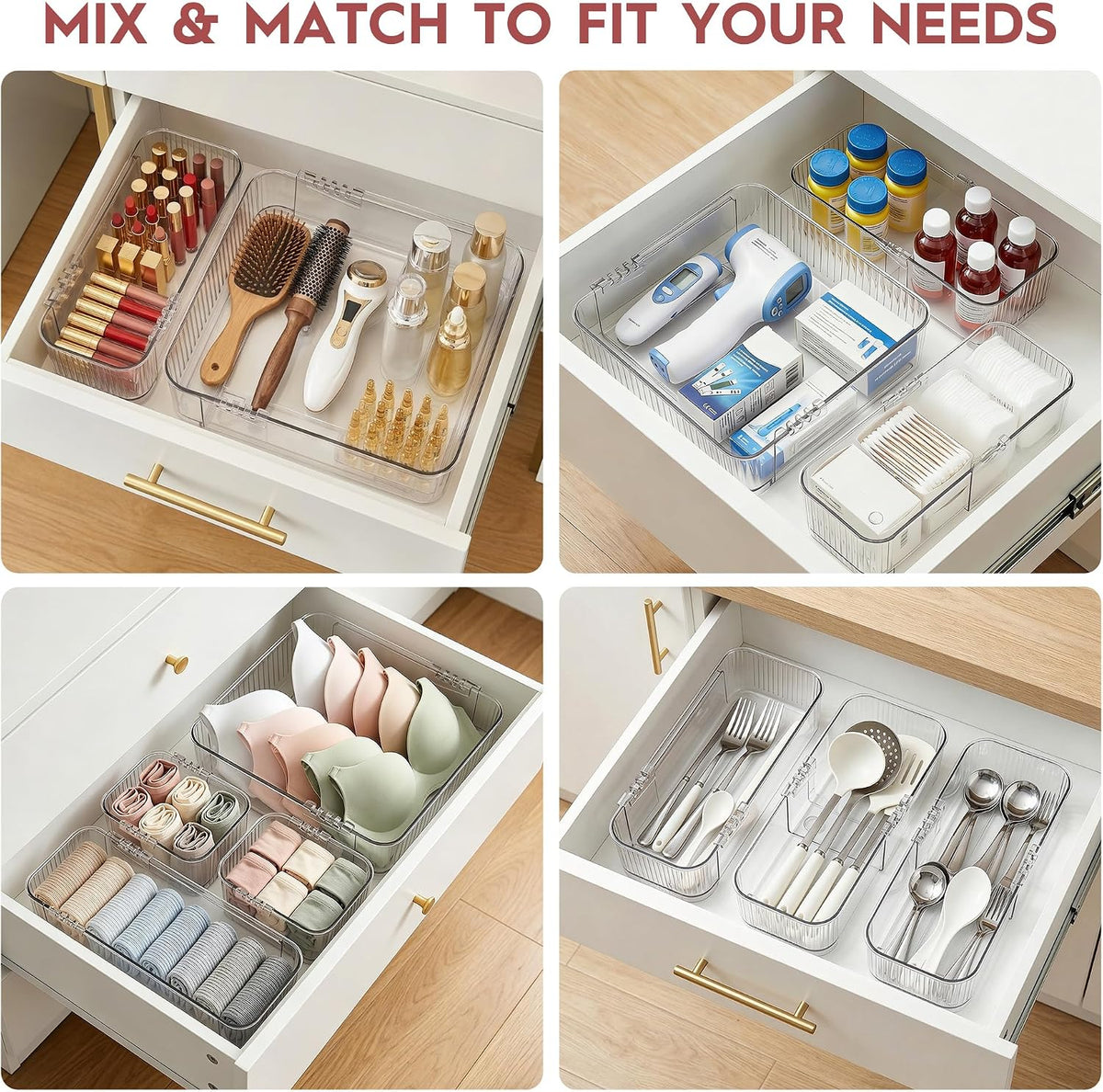 4-Piece Expandable Drawer Organizer Set, Clear Adjustable Drawer Organizer Trays, Multi-Size Storage Bins for Kitchen, Bathroom, Makeup, Desk and Office, Durable PET
