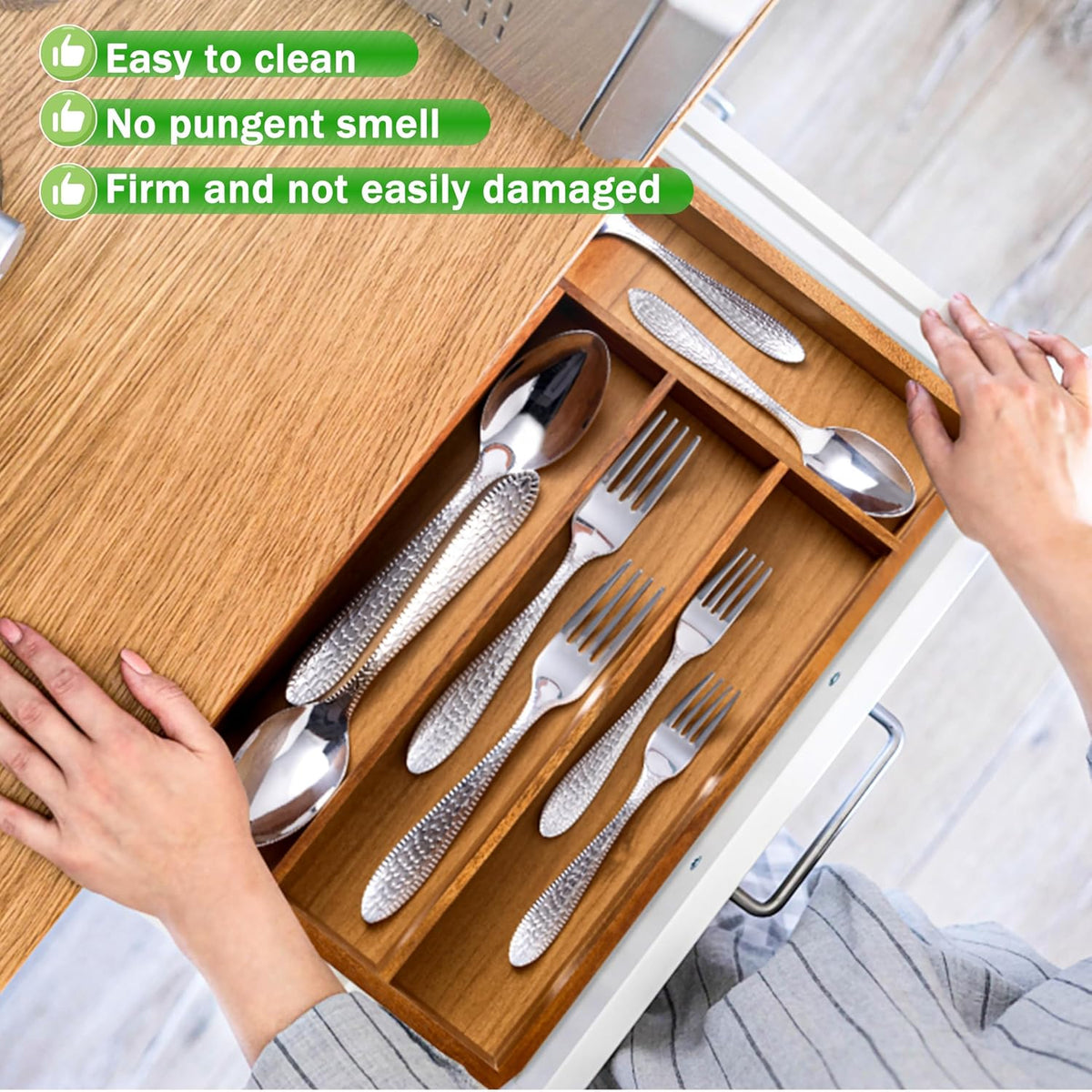 Greenual Acacia Wood Silverware Organizer 10 In Utensil Organizer Silverware Tray for Drawer Cutlery Flatware Organizer for Kitchen 2 Pack