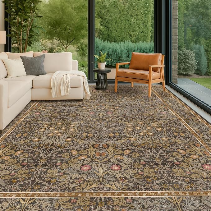 Vintage Gold Brown Living Room Rug, 7x10 Washable Area Rugs