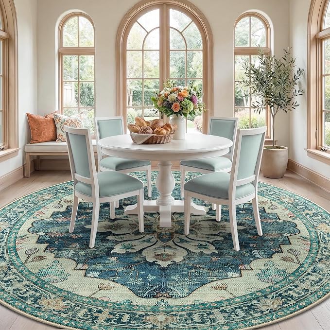 RELEANY Area Rugs Round 8ft Washable Non-Slip, Floral Vintage Distress