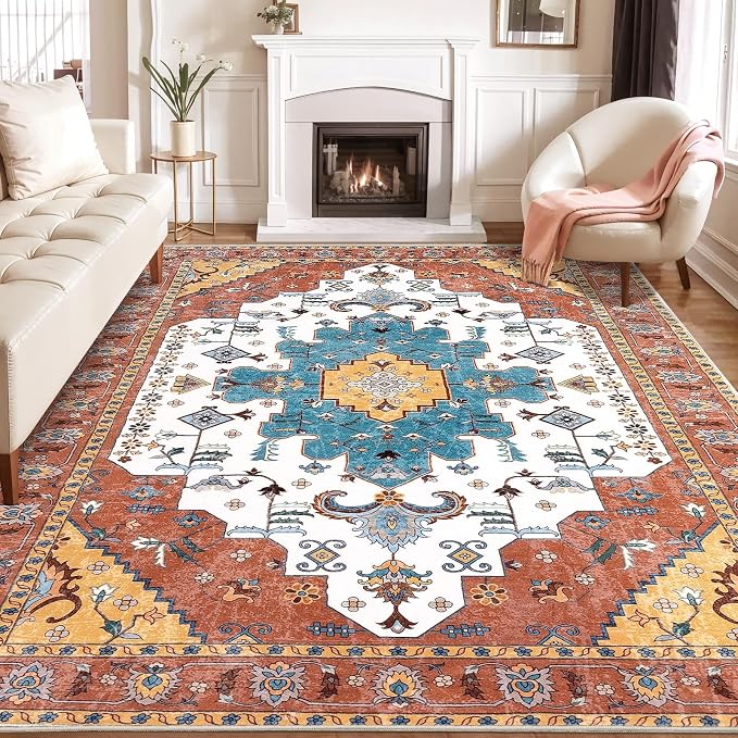 SERISSA Boho 8x10 Area Rugs Orange, Washable Vintage Large Living Room Rug