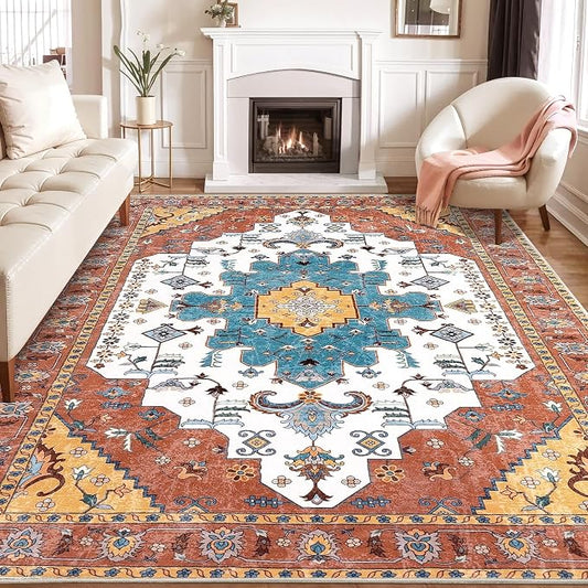 SERISSA Boho 8x10 Area Rugs Orange, Washable Vintage Large Living Room Rug
