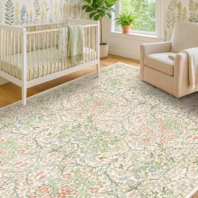 Hazo Haus Beige Green Bedroom Rug 5x7 Area Rug