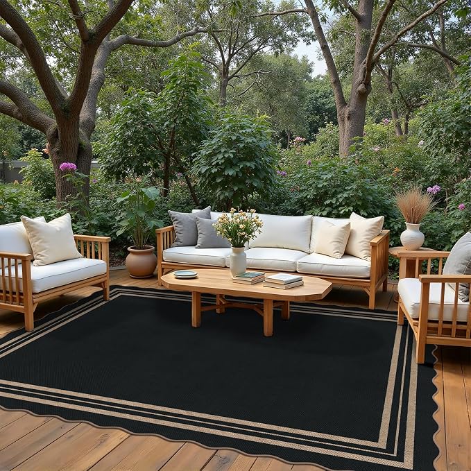 Scalloped Easy Jute Outdoor 8x10 Area Rug, Washable Outdoor Patio Rug,