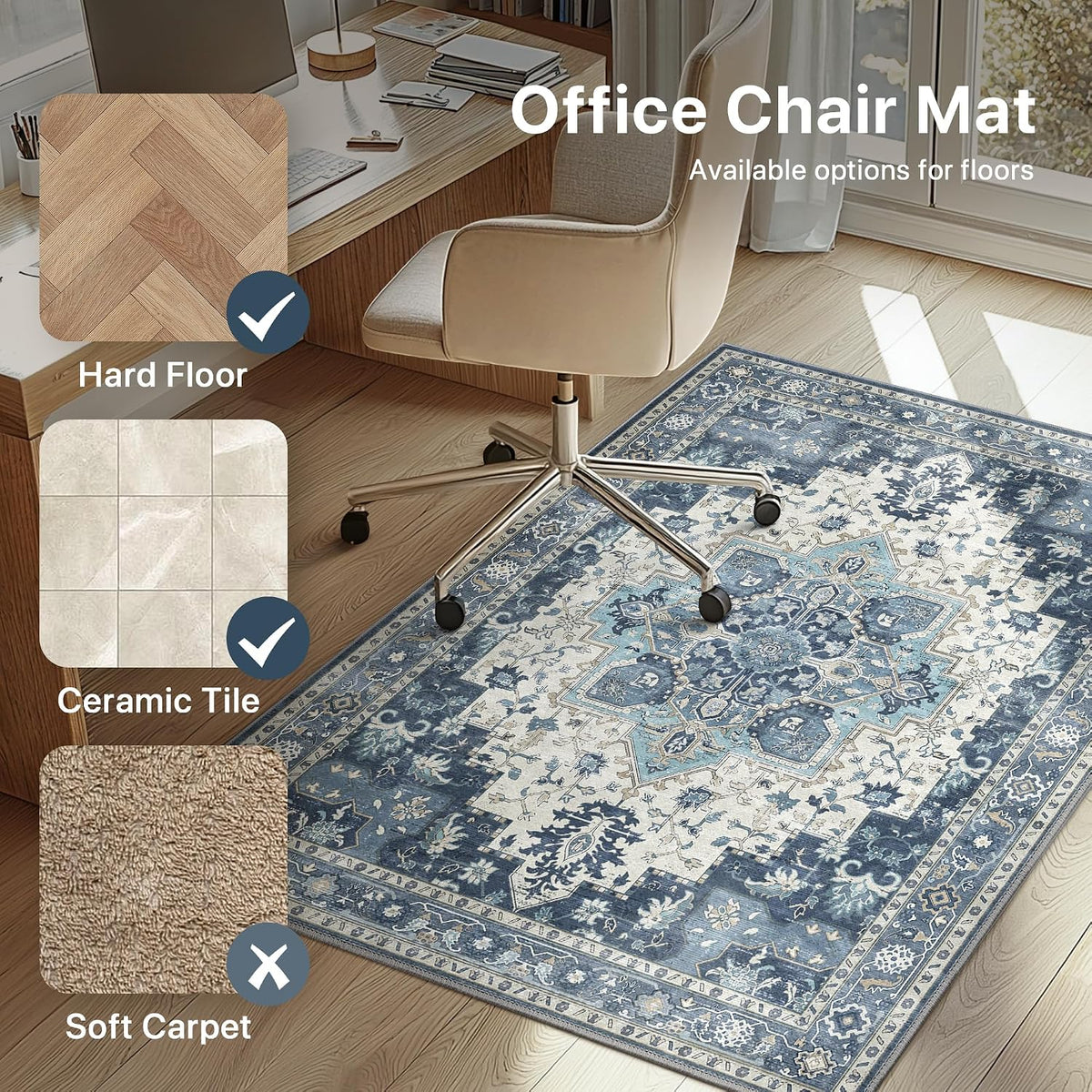 36"x48" Office Chair Mat for Hardwood Floor, Non-Slip Washable Navy