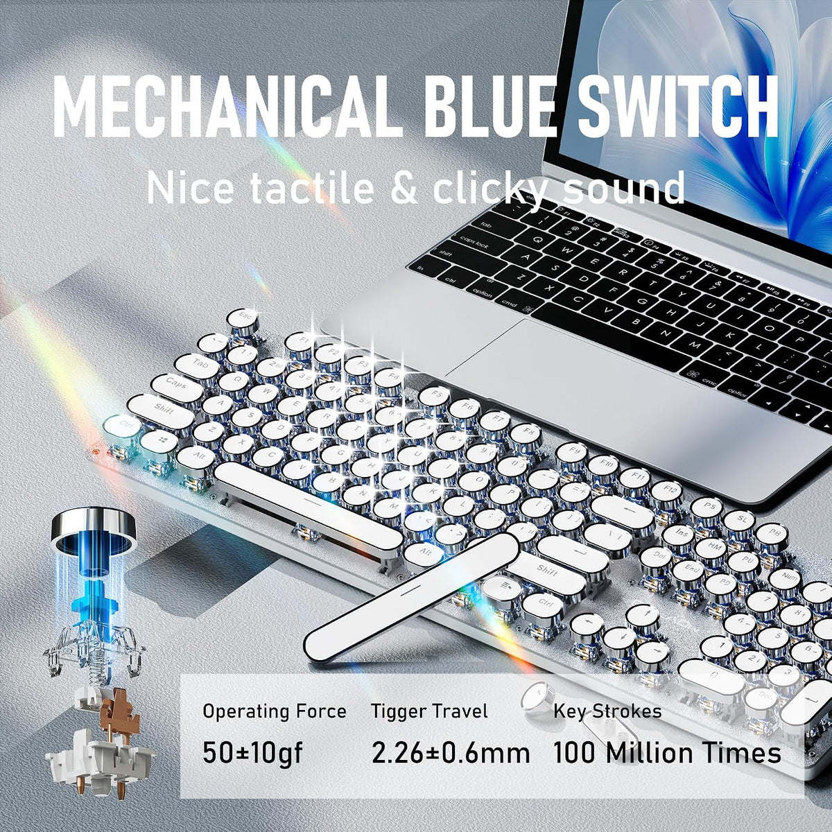 Wired Typewriter Style Mechanical Gaming Keyboard with White Backlit-White