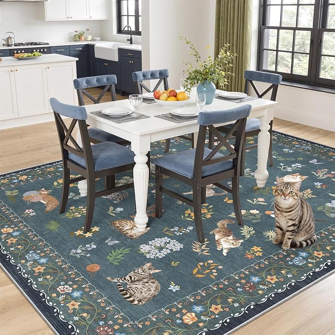 Soalmost Cat 6x9 Area Rugs for Living Room, Machine Washable Animal Floral