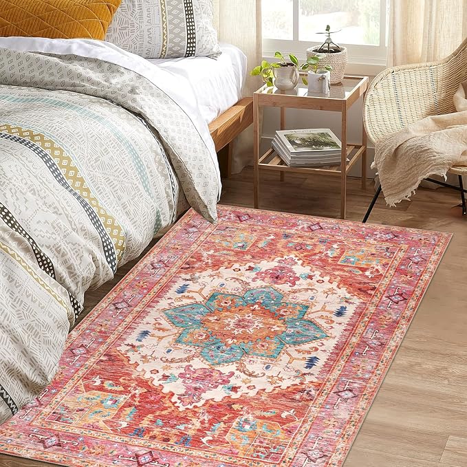 Yamaziot Washable Area Rug, 4x6 Non-Slip Boho Vintage Living Room Bedroom Rug