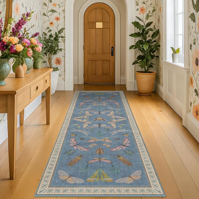 Blue Insect 2'6'' Wide 8' Long Hallway Runner Rug