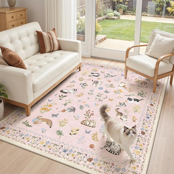Soalmost Cat 4x6 Area Rugs for Baby Girl Nursery, Machine Washable Animal