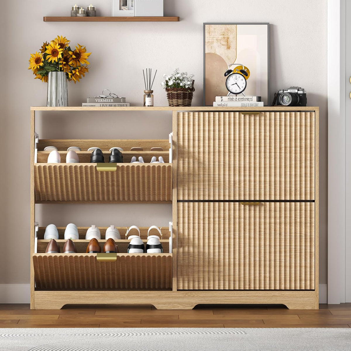 HUANLEGO Shoe Cabinet Storage for Entryway with 4 Flip Drawer, Oak