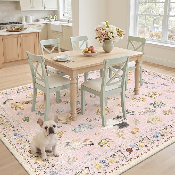 Soalmost Dog 5x7 Area Rugs for Living Room, Machine Washable Animal Floral