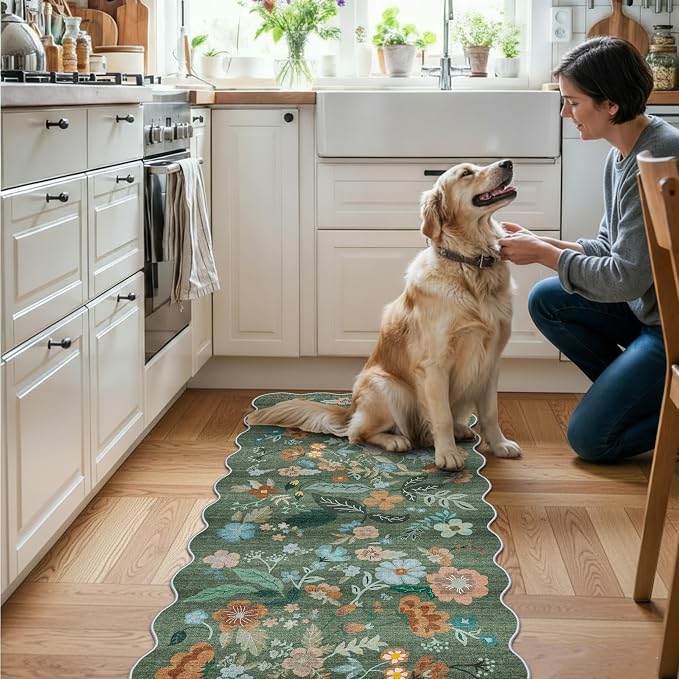 2x5 Washable Kitchen Area Rug: Floral Scalloped Entryway Runner Farmhouse