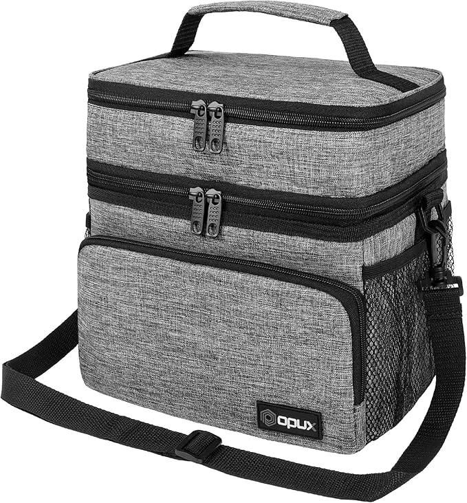 opux Insulated Lunch Bag for Men Women, Large Dual Compartment Cooler Bag, Soft Two Deck Lunch Box for Work School Picnic, Leakproof Lunch Tote with Shoulder Strap for Kid Adult (Gray, Double Deck)