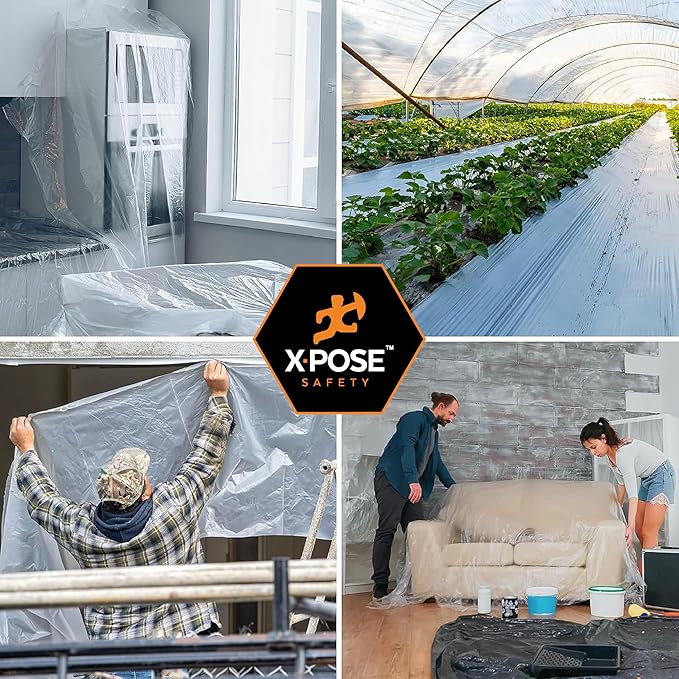 Xpose Safety Clear Plastic Sheeting 5 Pack – 20' x 100' Rolls – Heavy Duty 3.4 Mil Poly Sheet – Waterproof, Dustproof, Vapor Barrier – for Construction, Painting, Industrial Use