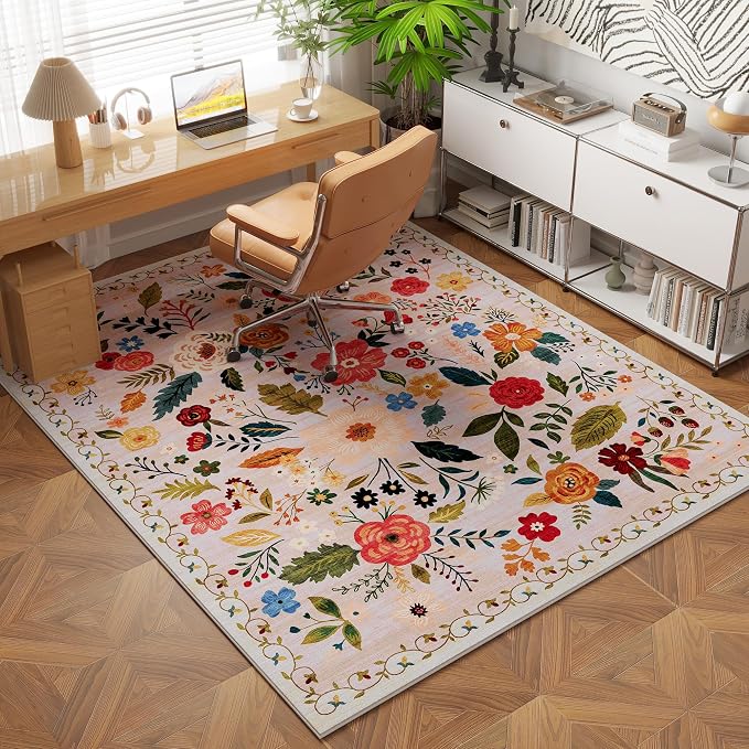 Rugcomf Bedroom Rug 3x5 Rug Washable Area Rug Non Slip Low Pile Boho Floral