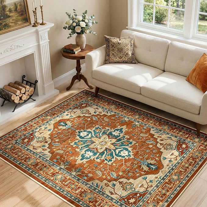 RELEANY Area Rugs 4'x6' Washable Non-Slip, Floral Vintage Distress Medallion
